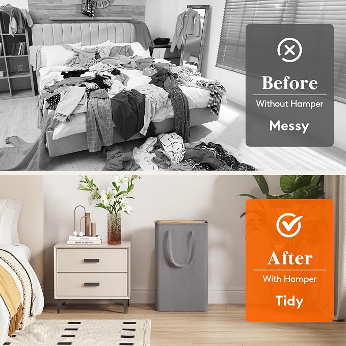 Lifewit Slim Collapsible Laundry Basket with Handles, 50L, Grey | Narrow Laundry Hamper for Dirty Clothes, Tall Thin Laundry Bin, Small Clothes Hamper for Bathroom, Bedroom, RV, Dorm