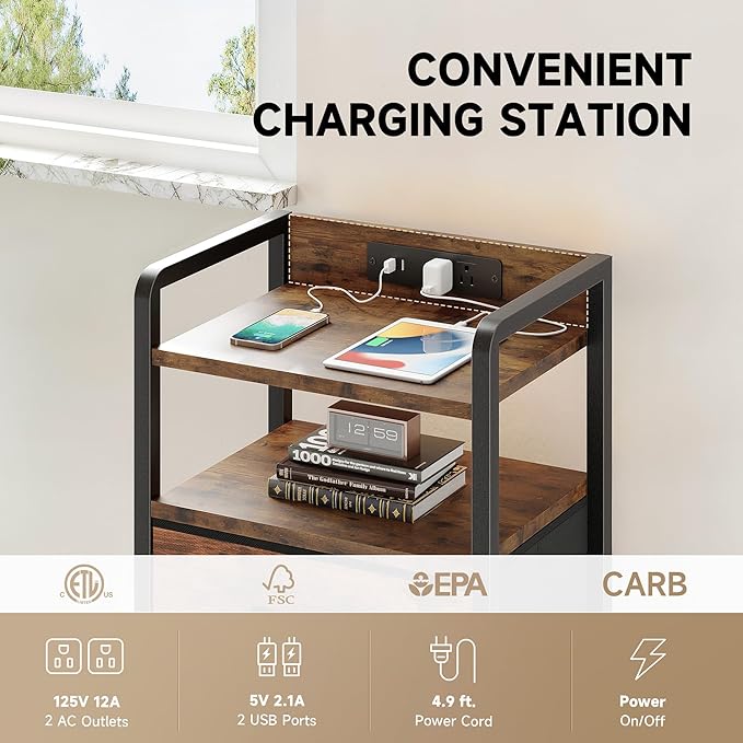 Lazzanto Nightstand with Rear Charging Station, LED Light, 2 Drawers, Brown | Industrial Nightstand, 2 USB-A Ports & AC Outlets, Raised Back Guard, Fabric Storage Drawers, Bedside Table for Bedroom, Dorm