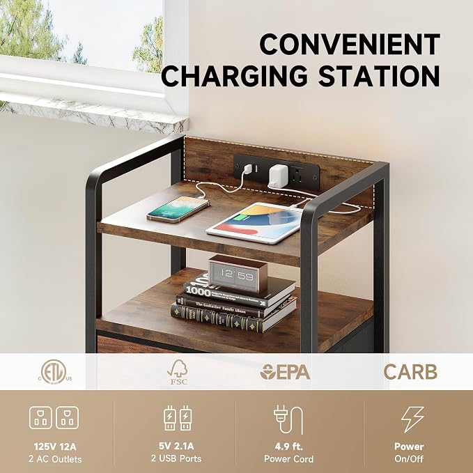Lazzanto Nightstand with Rear Charging Station, LED Light, 3 Drawers, Brown | Industrial Nightstand, 2 USB-A Ports & AC Outlets, Raised Back Guard, Fabric Storage Drawers, Bedside Table for Bedroom, Dorm