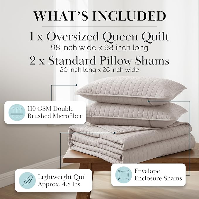 Southshore Fine Living, Inc. Full/Queen Quilt Bedding Set, Microfiber Quilts Queen Size, Coverlet, Stain & Pet Hair Resistant Bedding, Full Size Bedspread with 2 Pillow Shams, Natural Beige