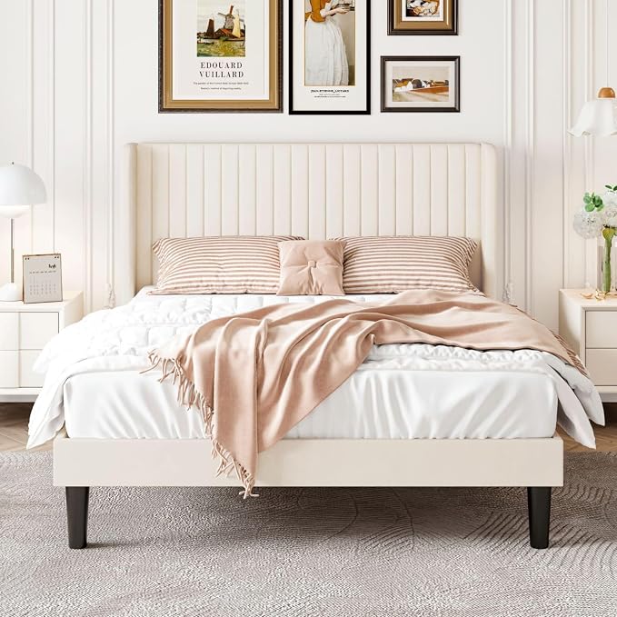 SHA CERLIN Queen Size Velvet Bed Frame, Tufted Wingback Headboard, Cream | 47'' Modern Vertical Channel Headboard, Upholstered Platform Bed, Wood Slats, No Box Spring Needed, Easy Assembly, Noise Free