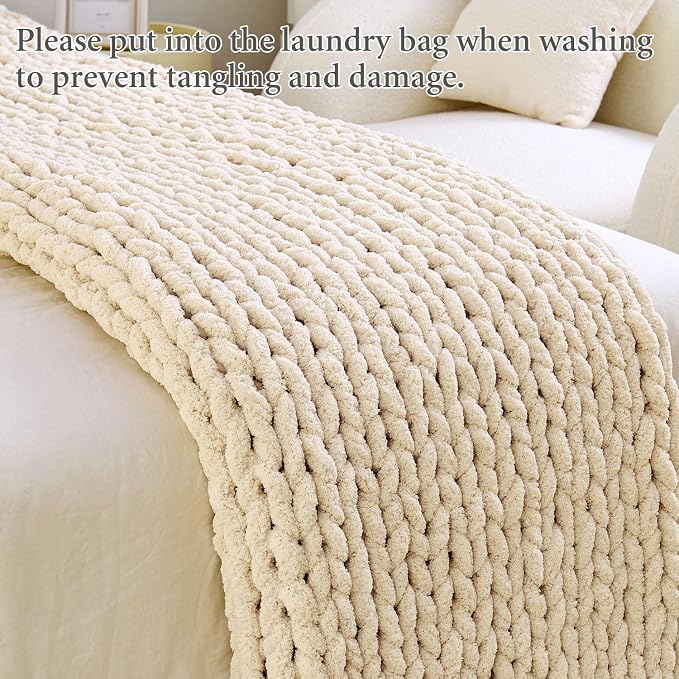 Chunky Knit Blanket Throw for Couch, 51"x63" Chunky Yarn Knitted Blankets | 100% Hand Knit Thick Chenille, Soft Breathable for Bed, Sofa, Home Decor, Cozy Gifts for Women Friends, Ivory