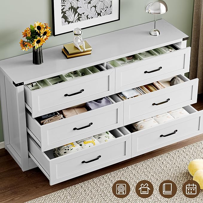 BORNOON 6-Drawer Dresser for Bedroom, Modern Wooden Chest of Drawers with Metal Handles, Anti-Tipping Design, Sturdy and Stable Storage Organizer for Living Room, Entryway, Home Office