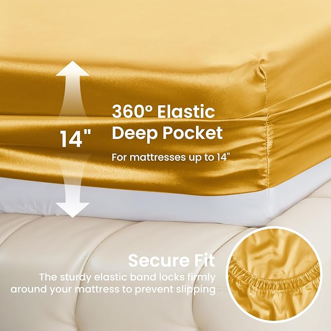 Love's cabin Twin Satin Sheets Sets - 3 Piece Gold Silky Bed Sheets with Deep Pockets, Luxury Silk Feel Satin Twin Size Sheet Set Bedding Set (1 Flat Sheet,1 Fitted Sheet,1 Pillow case)