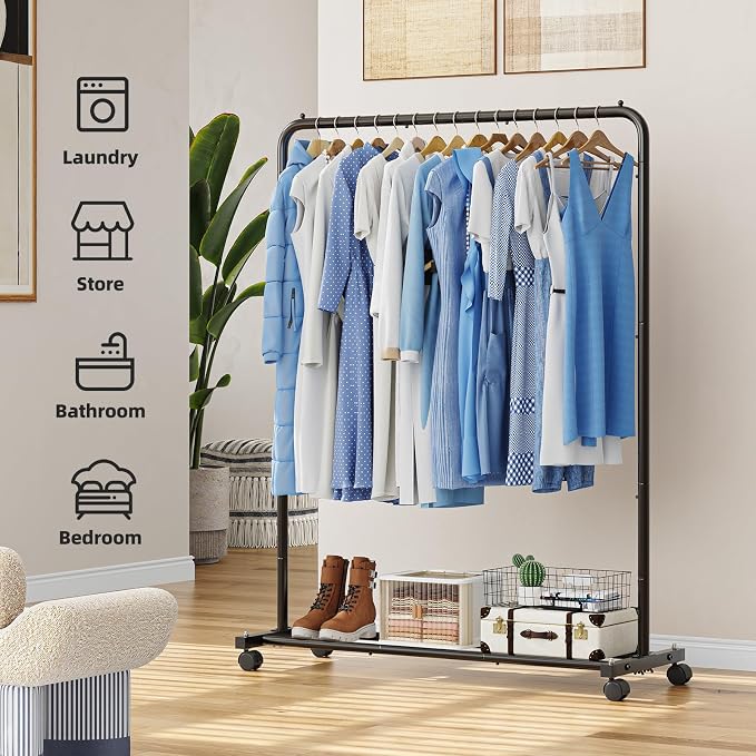 Simple Trending Clothing Rack, Portable Garment Rack, Clothes Rack, Black | Metal Frame, Bottom Shelf, 360° Lockable Wheels, Anti-Slip Stoppers, Bedroom, Laundry Room
