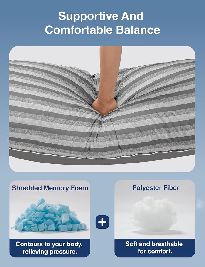 ZonLi Cooling Body Pillow for Adults, Long Pillow with Memory Foam Adjustable, Firm Support Body Pillow for Side Sleeper, Pregnant, Back Pain Relief, Washable Pillowcase, 20x54 inch, Grey