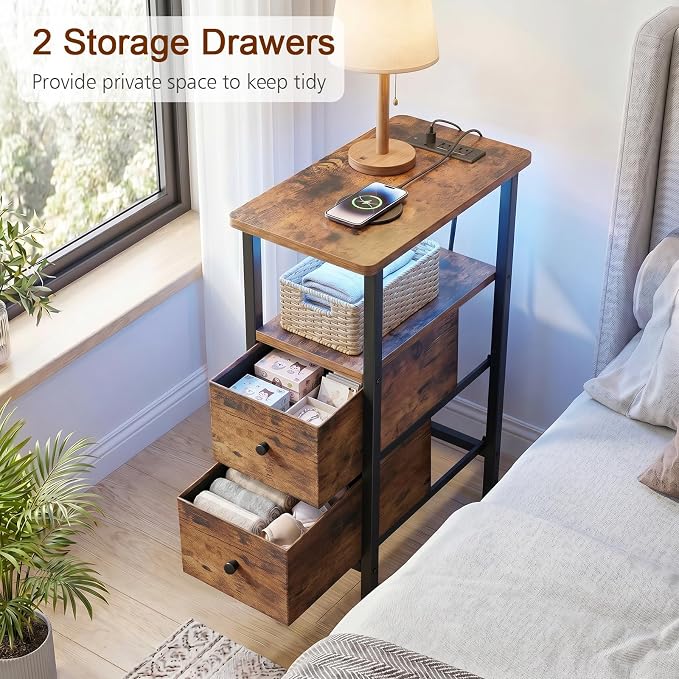 LOAKEKEL Narrow End Table with Charging Station, Small Nightstand | Skinny Side Tables Living Room with 2 Fabric Drawers, Slim Bedside Table with LED Lights for Bedroom, Small Spaces, Brown