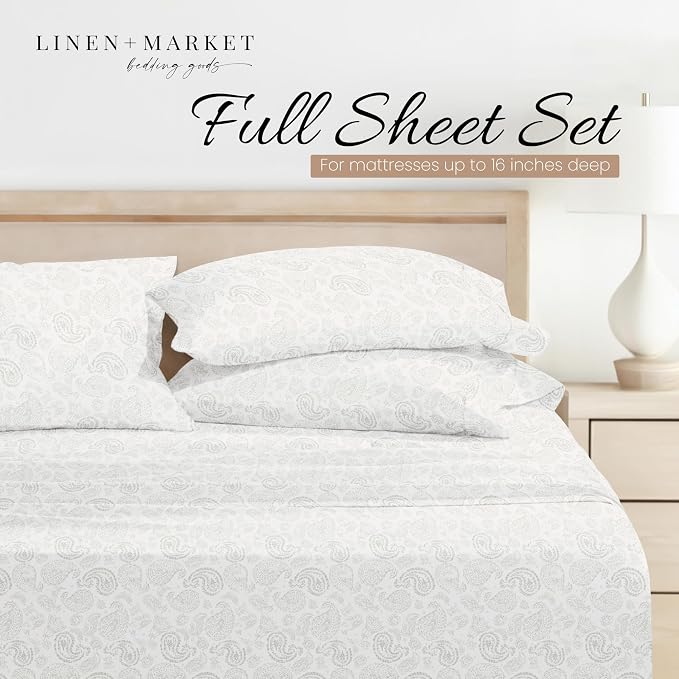 Linen Market Double-Brushed Patterned Microfiber Full Sheet Set 4 Piece – Oeko-TEX Certified Ultra Soft & Wrinkle-Free - 16" Deep Pocket Sheets - Easy Care Full Size - Coarse Paisley Light Gray