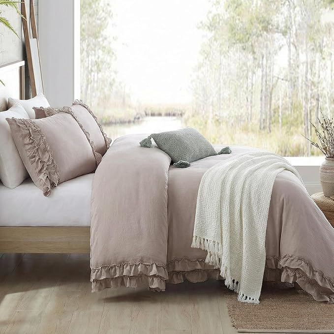 Bedorm Taupe Duvet Cover Set Twin Ruffle Bedding Set Pleat Ruffled Shabby Chic Comforter Cover Extra Soft & Easy Care Boho Duvet Cover with Zipper Closure