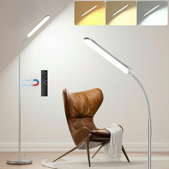 Yikuneng Dimmable LED Floor Lamp, Super Bright Reading Lamps Floor Standing lamp with Remote & Touch Control, Stepless Dimming & 2700K-6500K Color Temperature, for Living Room Bedroom Office, Silver
