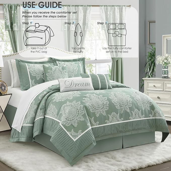 Sage California King Comforter Set, 15 Pieces, Damask Jacquard Woven, Bedding Set with Sheets, Room in a Bag, Comforter, Bed Skirt, Pillow Shams and Decor Pillows, Curtains