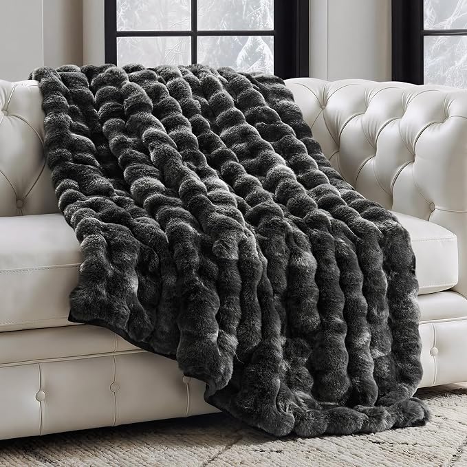 EverGrace Faux Rabbit Fur Bubble Throw Blanket, 60"x80", Marble Black | Ultra Soft, Luxury Faux Rabbit Fur Throw, Thick Warm Bubble Blanket, Cozy Fluffy Reversible, for Bed, Couch, Chair, Sofa