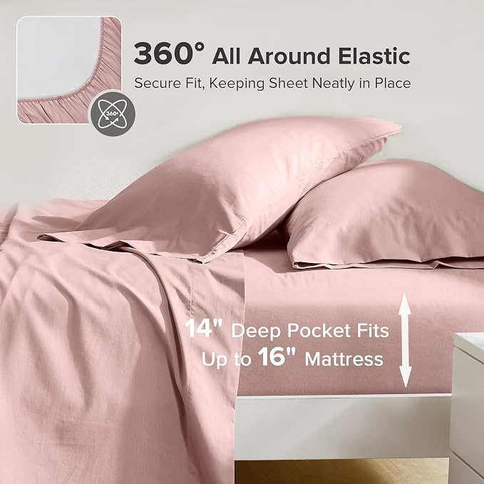 Comfort Spaces 100% Cotton Percale Sheets King Sheet Set 4 Pcs, Pink | Crisp, Cool & Breathable Bed Sheets, 14" Deep Pocket Fits Up to 16" Mattress, Lightweight, All Season Cozy, with Pillow Case