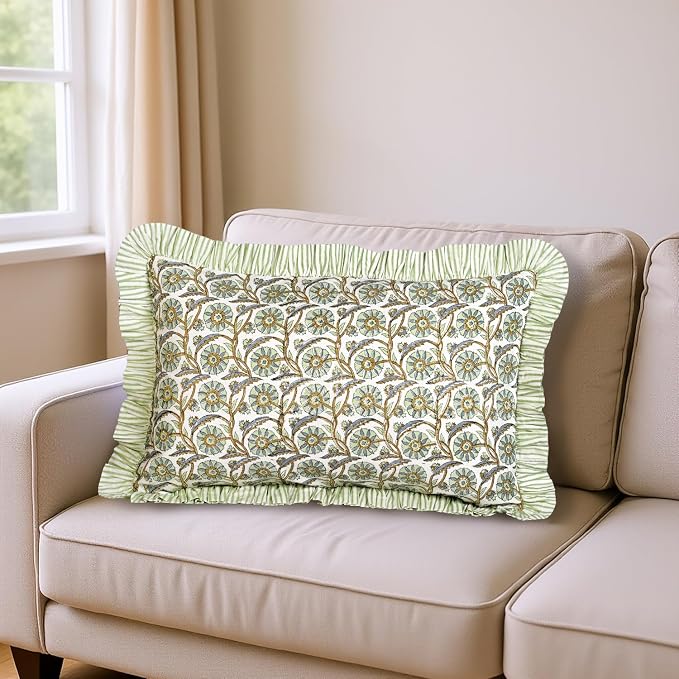 Ridhi Block Print Bloom Bubbles Ruffle Lumbar Pillow Shams, 36" x 14" Set-1 | 100% cotton, Floral Pillowcase, Cushion Cover, Hidden Zipper, Cottagecore Bedding, farmhouse boho style, fits couch, sofa,Bed