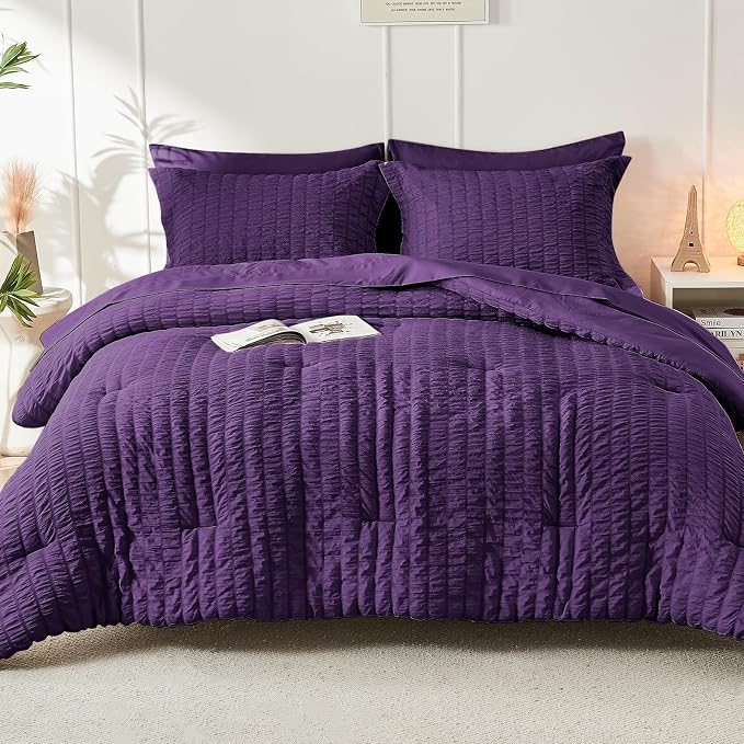 HYMOKEGE Dark Purple California King Comforter Set Seersucker 7 Pieces, All Season Luxury Bed in a Bag for Bedroom, Bedding Set with Comforter, Sheets, Pillowcases & Shams