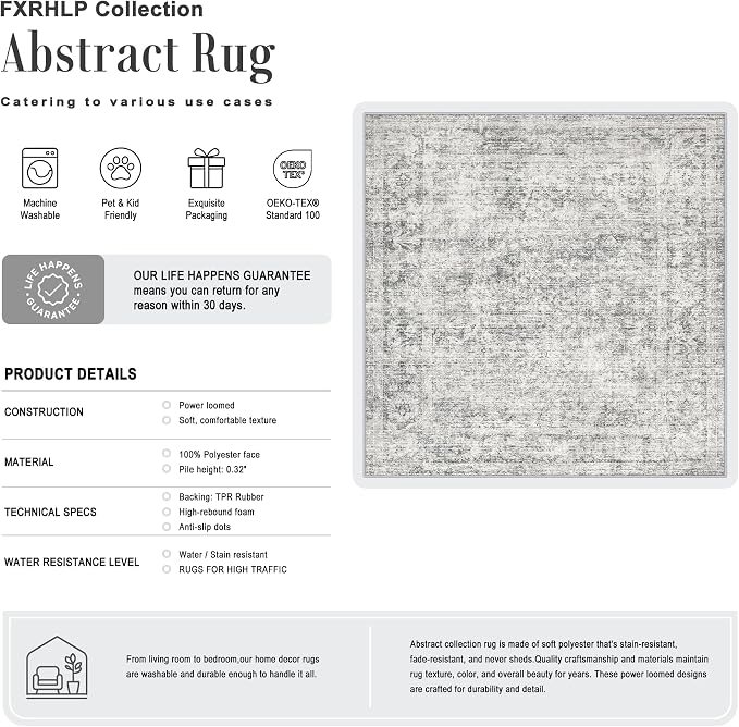 Area Rug Living Room: 6x6 Modern Washable Soft Carpet Black Grey | For Bedroom Dining Room Farmhouse Nursery Hallway Office,Modern Abstract,Machine washable,Non-Slip,Stain Resistant,Indoor