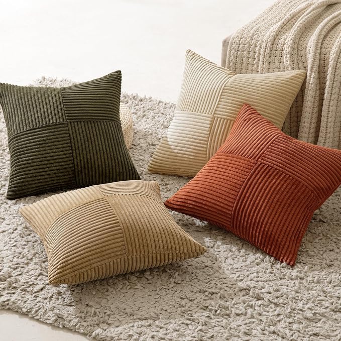 MIULEE Rust-Olive Green Decorative Throw Pillow Covers 18x18 Inch Set of 4 Boho Color-Clash Cushion Cases Farmhouse Pillow Cases Corduroy Striped Home Decor for Couch Sofa Living Room Bed