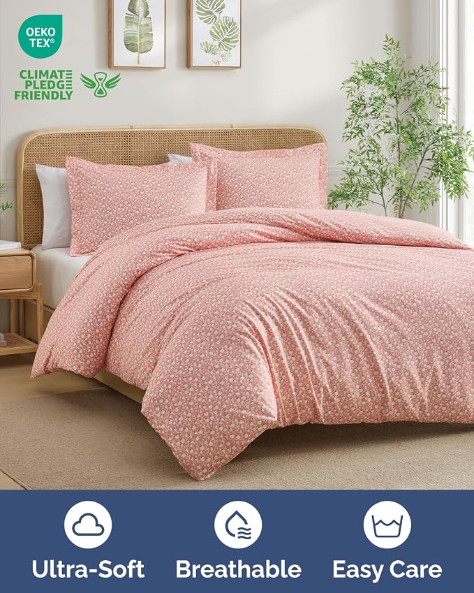 Duvet Cover King Size - Soft Floral Duvet Cover - 3 Piece - Pinkfield | Soft Floral Duvet Cover 104 x 90 with 2 Pillow Shams, Zipper Closures & Ties, Floral Bedding for Women, Men, Kids & Teens