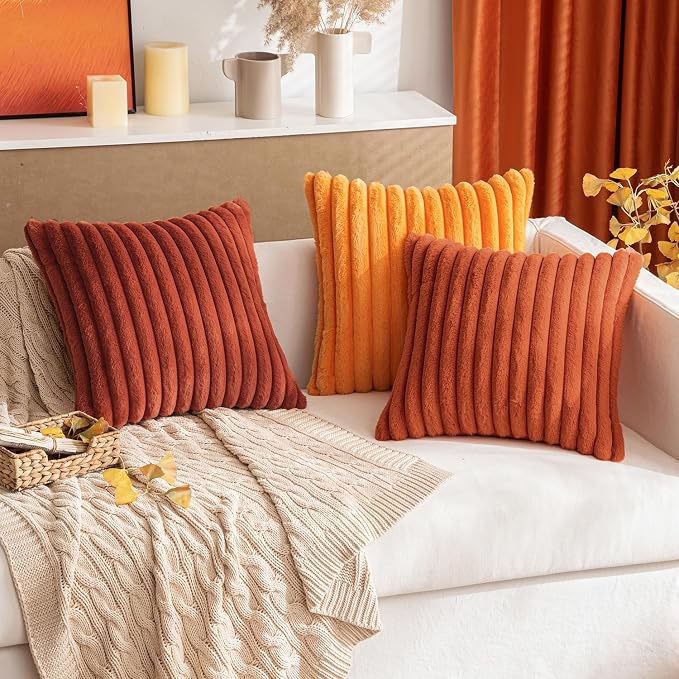 MIULEE Fall Faux Fur Decorative Throw Pillow Covers 18x18 Burnt Orange | Set of 2, Vintage Boho Soft Plush Couch Pillows, Cozy Fluffy Cushion Covers for Sofa Bed Living Room Home Decor