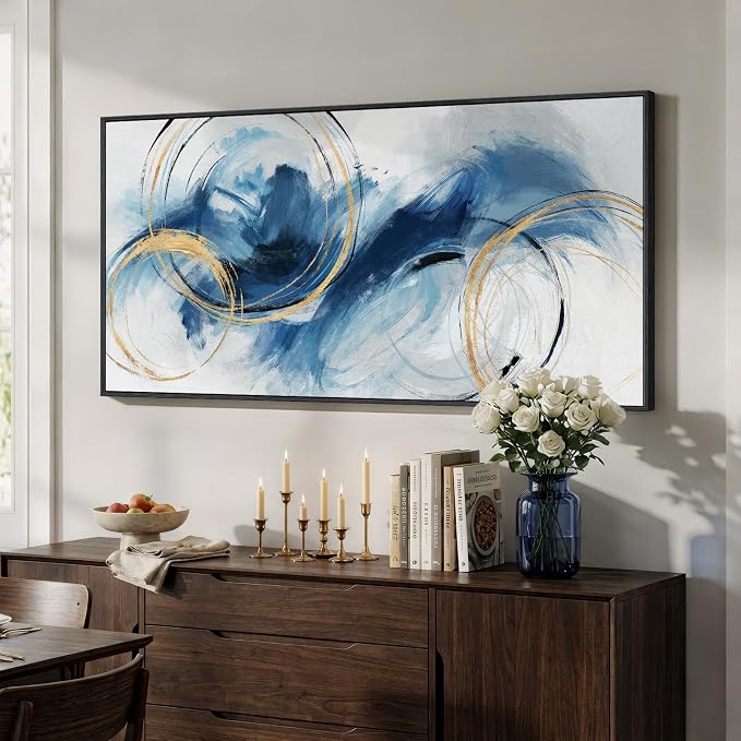 Large Framed Navy Blue Abstract Wall Art for Living Room, Horizontal 30x60 | Contemporary picture, Canvas prints, Wood frame, Modern minimalist painting, Artwork for walls, Wall decor for bedroom office