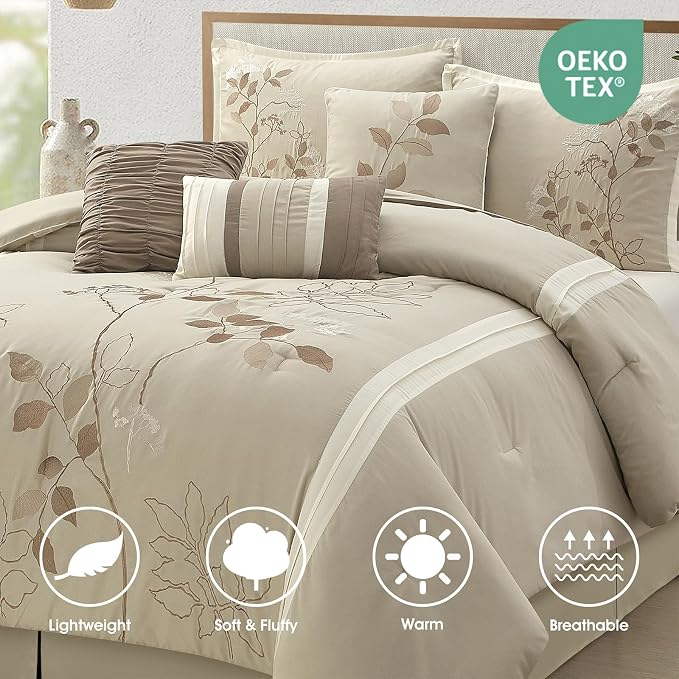 Beige King Comforter Set, 7 Pieces Bed in a Bag, Elegant Floral Leaves Embroidery, Soft and Lightweight All Seasons Bedding Set, Bedskirt, Pillow Shams, Decor Pillows