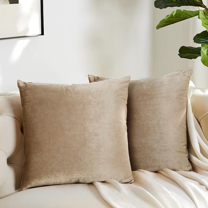 Decorative Throw Pillow Covers 20 x 20, Beige Taupe Khaki Sofa Pillow Covers Velvet, Set of 4 Decor Square Cushion Covers