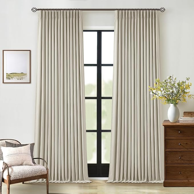 Oatmeal Pleated Linen 100% Blackout Curtains 90 Inches Long for Bedroom | Pinch Pleat Rings Hooks Back Tab, Black Out Thermal Insulated Room Darkening, Neutral Curtains with Liner, for Living Room