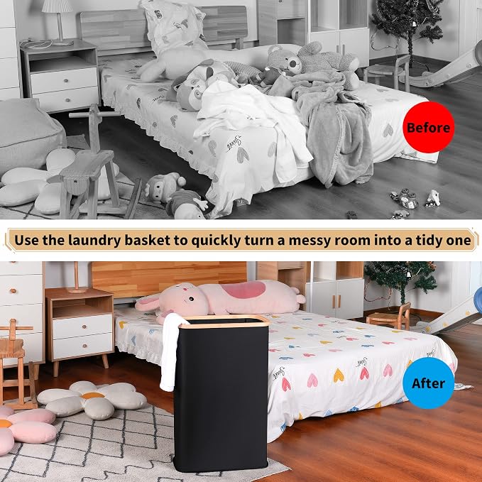IEGrow Laundry Hamper with Lid,65L Laundry Basket with Mesh Bags,Black | Dirty Clothes Hamper Basket with Bamboo Handle for Clothes Towels