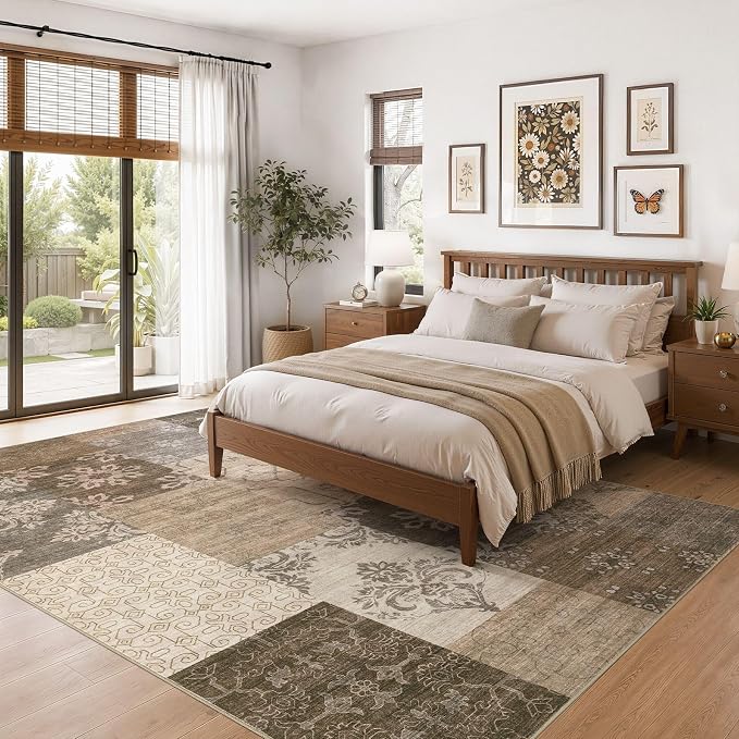 UERMEI 8x10 Area Rug for Living Room, Washable Brown Modern Geometric Patchwork Non Slip Stain Resistant Low Pile Foldable Carpet for Bedroom Dining Farmhouse Home Office