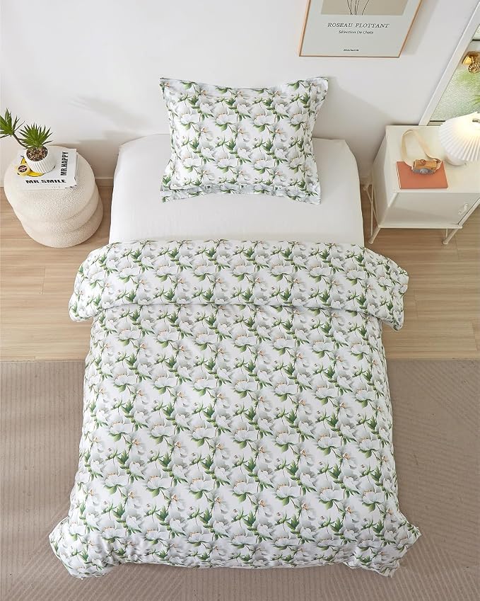 Duvet Cover Twin/TXL - Floral Duvet Cover - 2 Piece - Magnolia Garden | Extra Soft Floral Duvet Cover 68 x 90 with 1 Pillow Sham, Zipper Closures & Ties, Floral Bedding for Women, Men, Kids & Teens