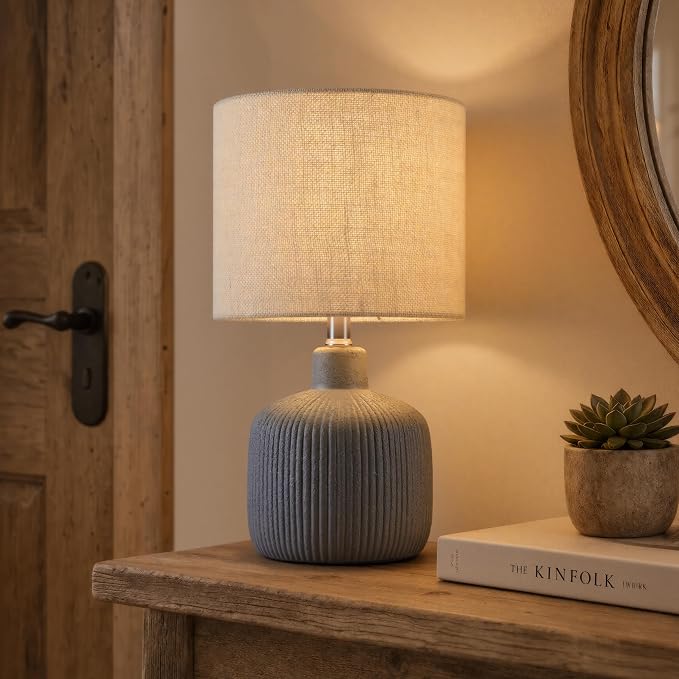 Ceramic Table Lamp, 17.75" Nautical Bedside Lamp with Beige Linen Shade, Warm Ambient Nightstand Lighting for Beach House, Navy Blue