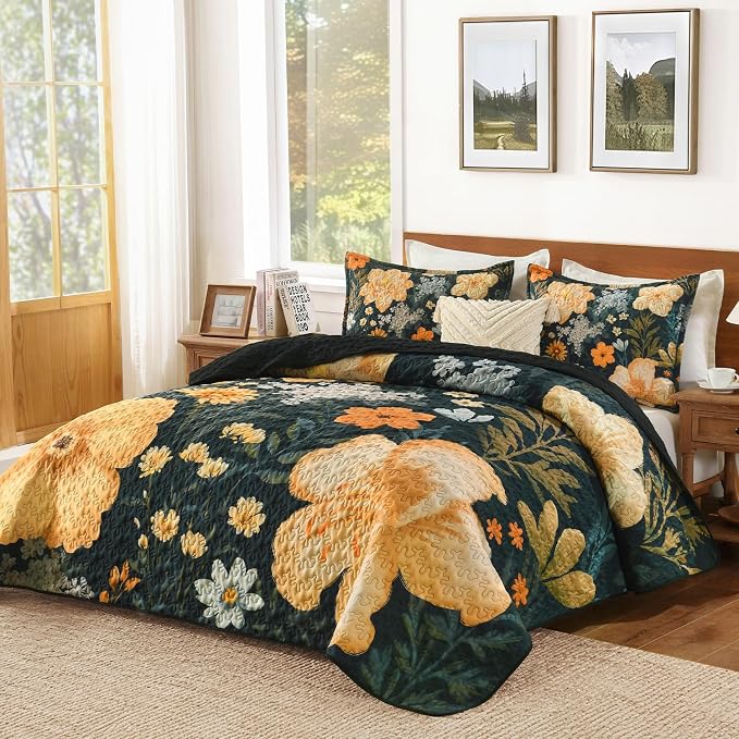 Andency Quilt King Size, Green Floral Boho Summer Bedspread 3 Pieces | Golden Flower Botanical Summer Bedspreads with 2 Shams, Reversible Polyester Coverlet Set for All Seasons, 106"x96"