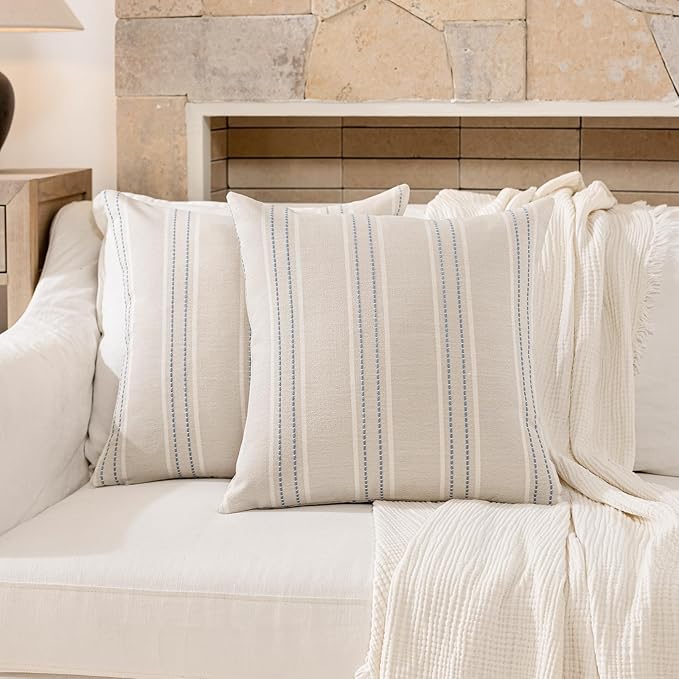 Hckot Dusty Blue Throw Pillows Covers 20x20 Linen Stripe Pillow Covers | Set of 2 Farmhouse Decorative Pillows Textured Square Cushion Covers for Sofa Couch Bed Living Room Decor