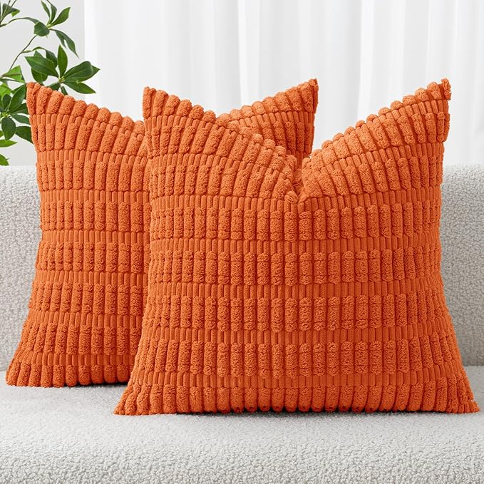 MIULEE Fall Corduroy Decorative Throw Pillow Covers 20x20 Orange Pack of 2 | Soft Boho Striped Pillow Covers Modern Farmhouse Autumn Home Decor For Sofa Living Room Couch Bed
