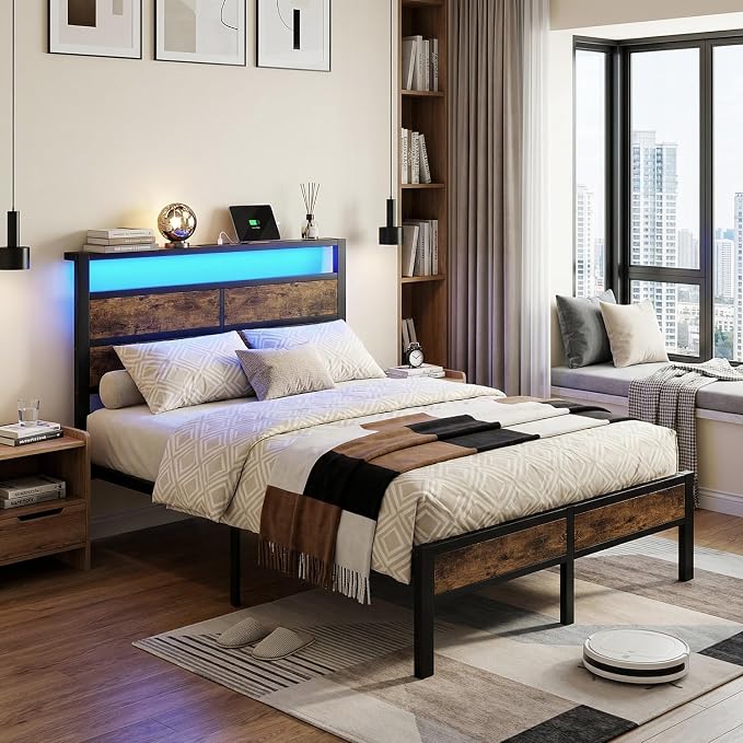Full Size Metal Bed Frame with Storage Headboard, LED Lights | USB Charging Station , Brown Metal Platform Bed, Sturdy Slats, No Box Spring Needed, Easy Assembly, Noise Free