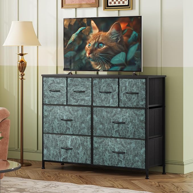 WLIVE Wide Dresser for Bedroom, 8 Drawer Chest of Drawers, Vintage Green | 8 roomy fabric drawers, Wide storage design, Bedroom or closet use, Sturdy steel frame, Smooth wood tabletop