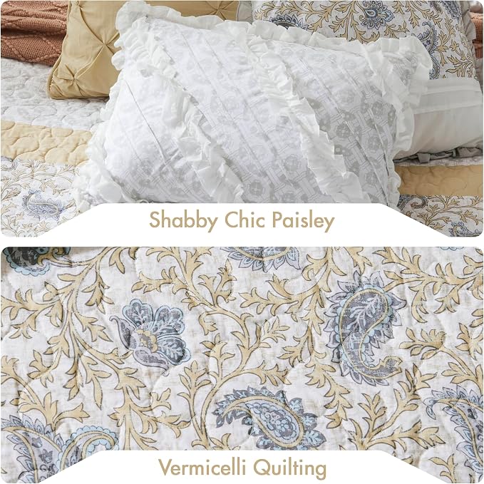 Madison Park 100% Cotton Quilt Set Floral Print, Double Sided Stitching, All Season, Lightweight Coverlet Shabby Chic Bedding Layer, Matching Shams, Full/Queen, Yellow 6 Piece | Double-Sided Stitching Floral Design, All Season, with Shams, Bed Skirt, D...