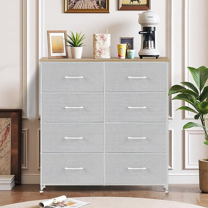 8-Drawer Dresser for Bedroom, Anti-Tip Tall Storage Organizer | Chest of Drawers with Wooden Top and Metal Frame Fabric Bins for Closet, Living Room, Hallway, Entryway, Light Gray