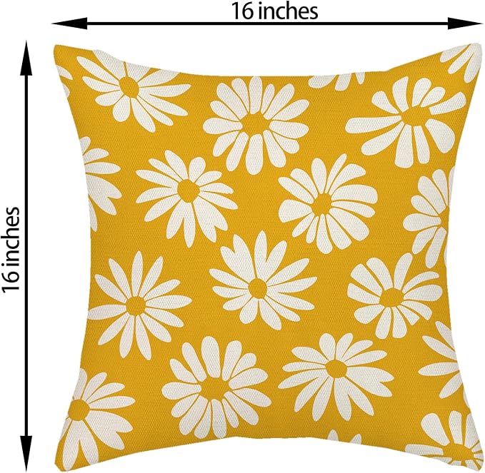 Mustard Yellow Pillow Covers 16x16 Inch 2 Pcs Daisy Floral Summer Outdoor Decor Throw Pillows Spring Flower Farmhouse Holiday Decoration Pillowcase Linen Cushion Cover for Couch Sofa Bed