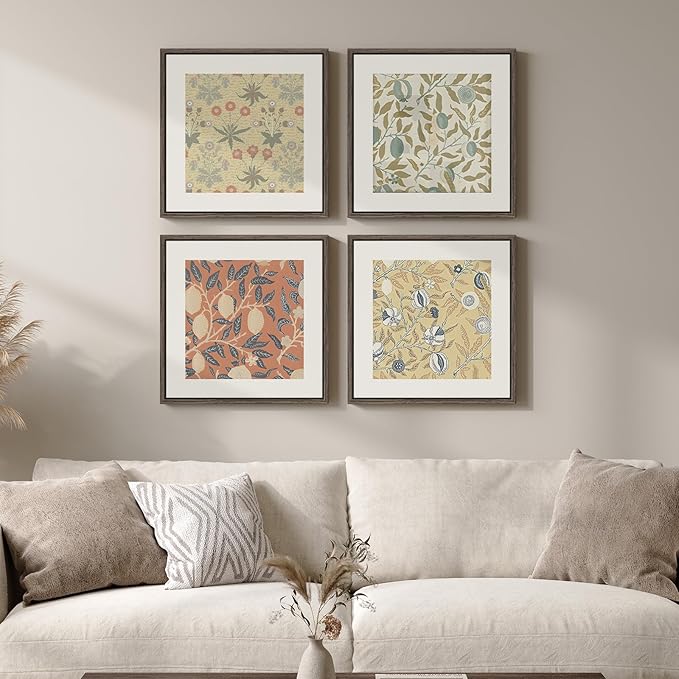 Framed William Morris Wall Art Set of 4, Vintage Botanical Floral Fruit Pattern Canvas Prints Artwork for Walls, Retro Natural Square Picture for Living Rooms Dining Room Hallway Wall Decor, 12x12 In