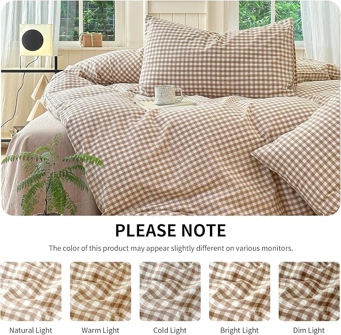 LifeTB Tan Gingham Comforter Set California King Modern Plaid Comforter Set | 3 Pieces Beige Grid Comforter with 2 Pillowcases Soft Fluffy Checkered Grid Pattern Gingham Bedding Set for All Seasons