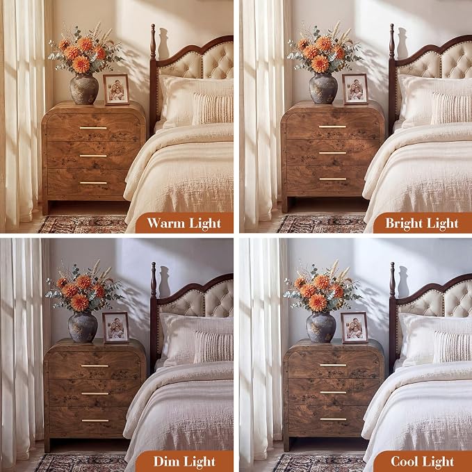 Night Stand Set of 2, 3-Drawer | [Curved Profile] [FSC-Certified Wooden Board] Nightstand 26.7"H Metal Handle Modern Bedside Table Side Table End Table