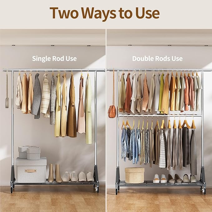 Luxspire Heavy Duty Clothes Rack Load 600 LBS, Double Rod Clothing Rack, Rolling Garment Racks with Lockable Wheels, Shelves, Adjustable Laundry Hanging Racks for Clothes