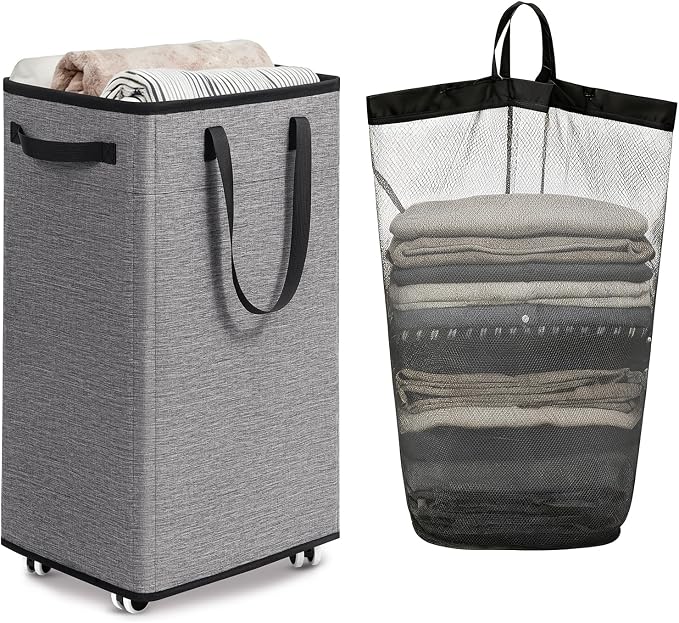 Goodpick 75L Laundry Basket with Wheels & Removable Wash Bag for Dorm | Rolling Laundry Hamper with Handle for Dirty Clothes, Fodable Hamper for College Dorm, Laundry Hamper on Wheels, Light Grey