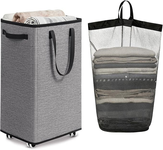 Goodpick 75L Laundry Basket with Wheels & Removable Wash Bag for Dorm | Rolling Laundry Hamper with Handle for Dirty Clothes, Fodable Hamper for College Dorm, Laundry Hamper on Wheels, Light Grey