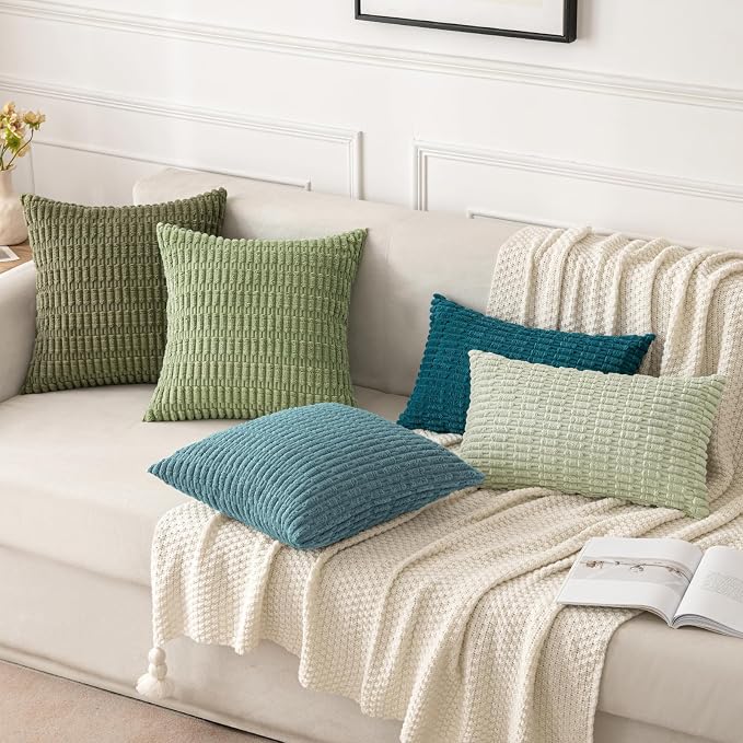 MIULEE Lumbar Corduroy Decorative Throw Pillow Covers 12x20 Coastal Blue | Pack of 2 Soft Boho Striped Pillow Covers Modern Farmhouse Home Decor For Sofa Living Room Couch Bed