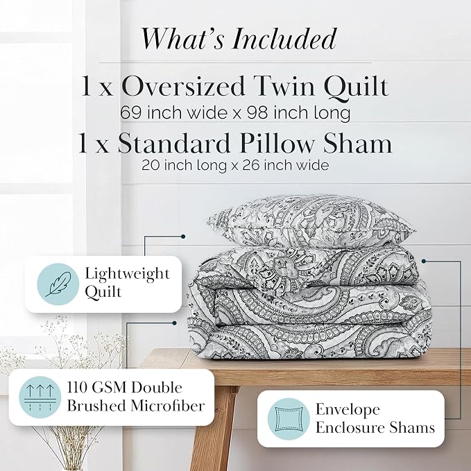Southshore Fine Living, Inc. Farmhouse Bedding Quilt Set, Twin XL Coverlet, Oversized Quilt, Summer Coverlet, Lightweight Bedspread 2-Piece Set with One Matching Pillow Sham, Twin/XL Quilts, Black