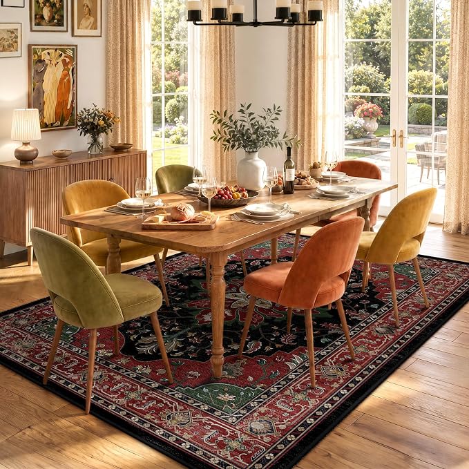 RELEANY Washable Area Rug, 6'x9', Red/Black | Non-Slip, Water Repellent, Pet Friendly, Easy to Clean, Vintage Floral Boho Decor for Living Room Bedroom Dining Room Office