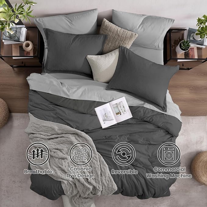 Monbix Full Size Comforter Set 7 Pieces Dark Grey Bed in a Bag | Cationic Dyeing Reversible All Season Bedding Sets with Comforter, Sheets, Pillowcases & Shams