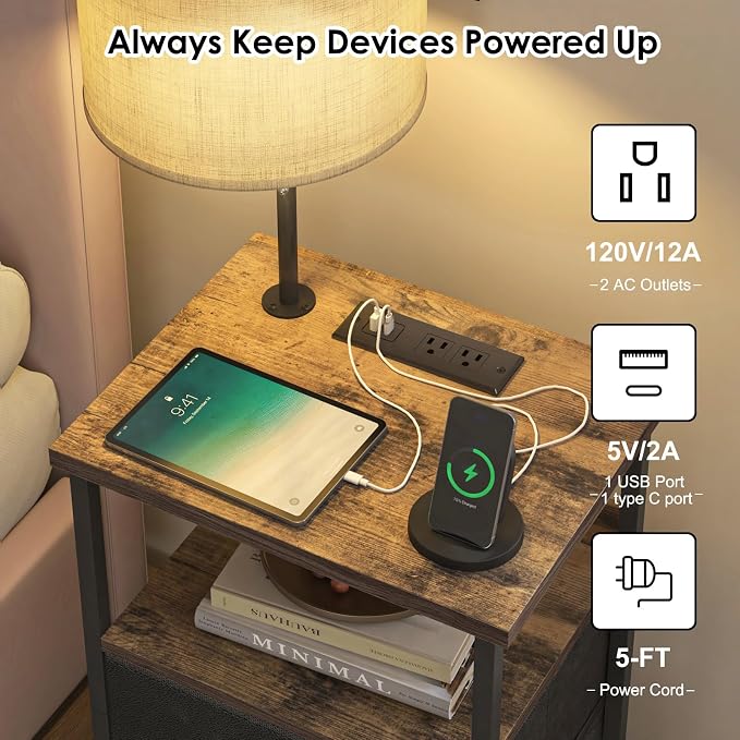 Fixwal Bedside Table with 3 Color Temperature Reading Light, Nightstand with LED Light & Charging Station End Table with Adjustable Fabric Drawer for Bedroom, Dorm, Rustic Brown